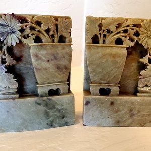 Vintage Hand Carved Asian Green Soapstone Planter and Flowers Bookends - Pair